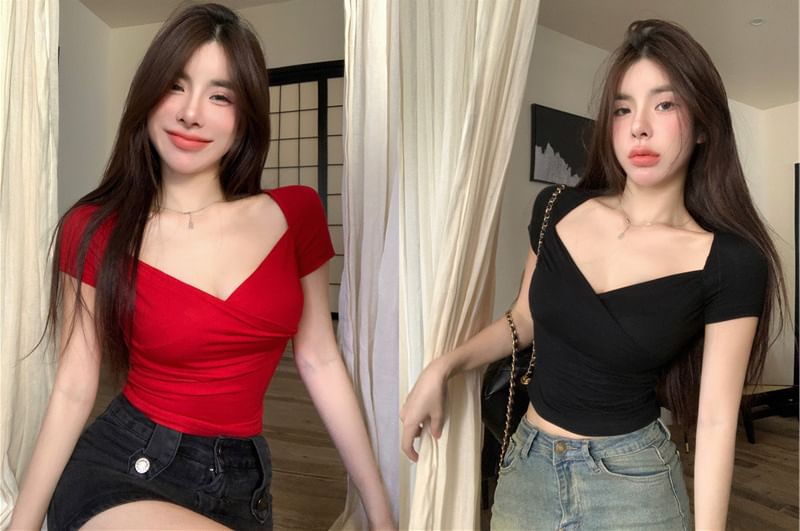 V-Neck T-Shirt Short-Sleeve Wrap Plain