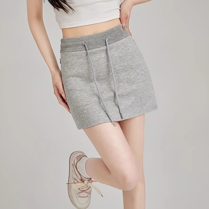 Waist Pencil Mini Plain Skirt Drawstring