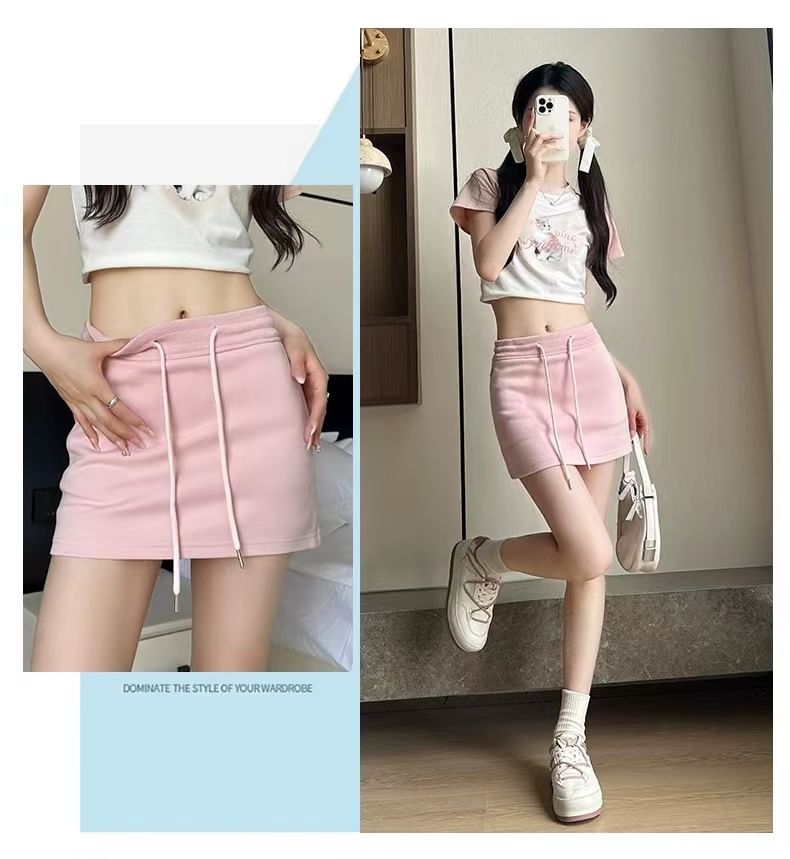 Waist Pencil Mini Plain Skirt Drawstring