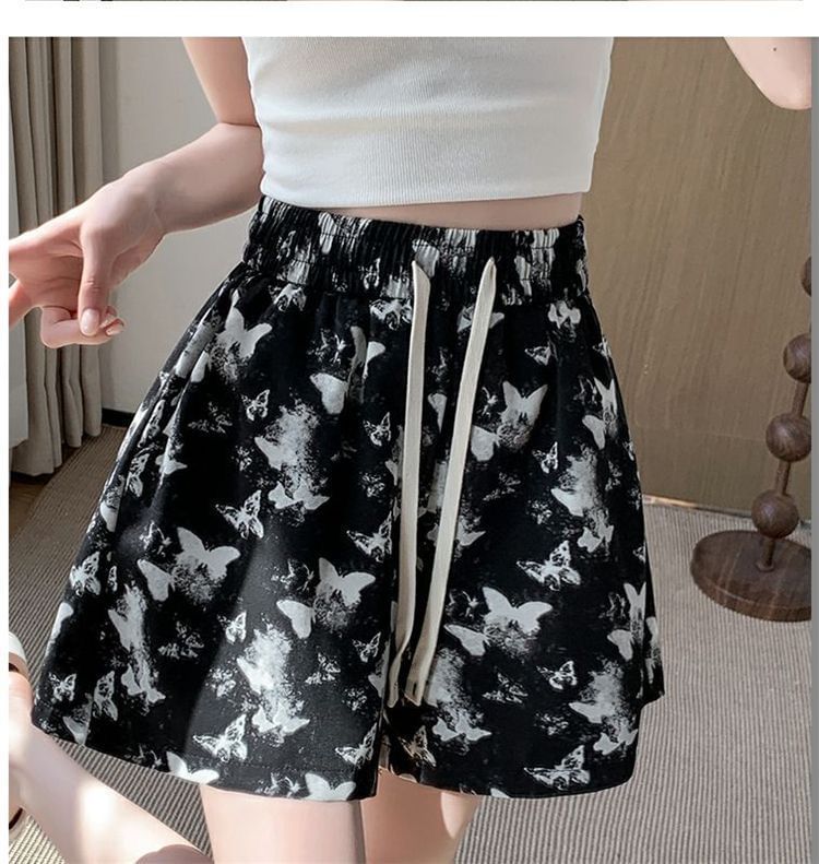Drawstring Butterfly Print Waist Shorts