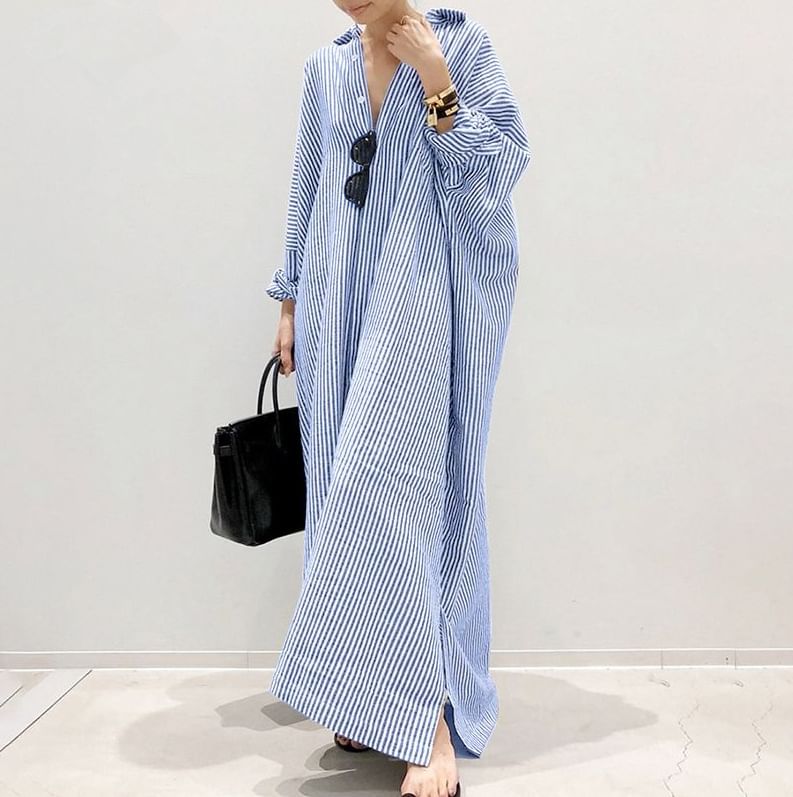 Long-Sleeve Striped Button-Up Tunic Shirt Dress