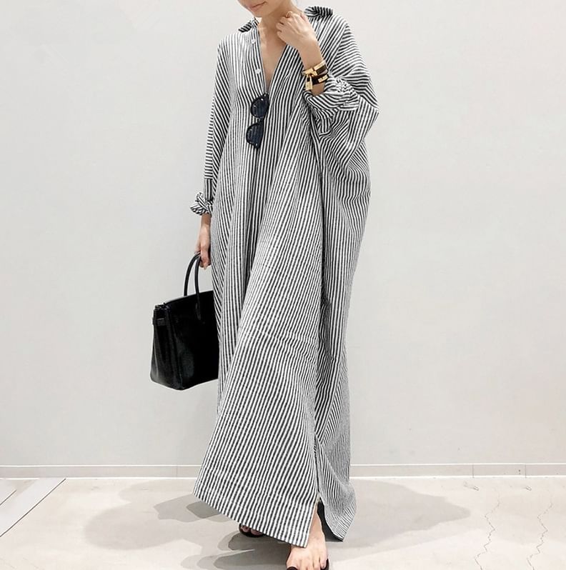 Long-Sleeve Striped Button-Up Tunic Shirt Dress