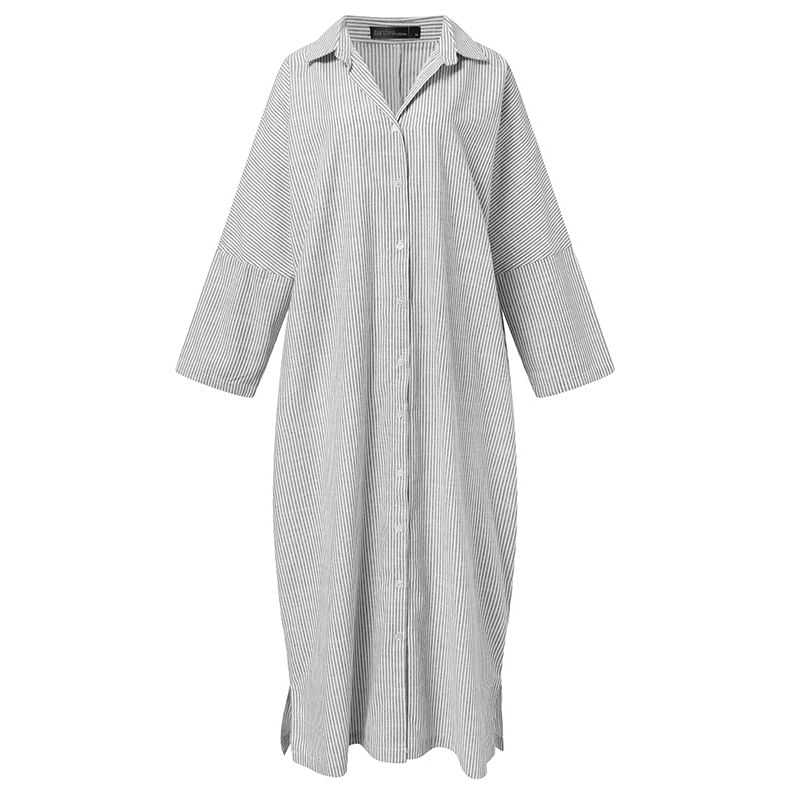 Long-Sleeve Striped Button-Up Tunic Shirt Dress