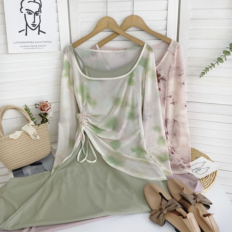 Set: Long-Sleeve Scoop Neck Tie Dye Asymmetrical Top + Thin Strap Solid Midi Sheath Dress