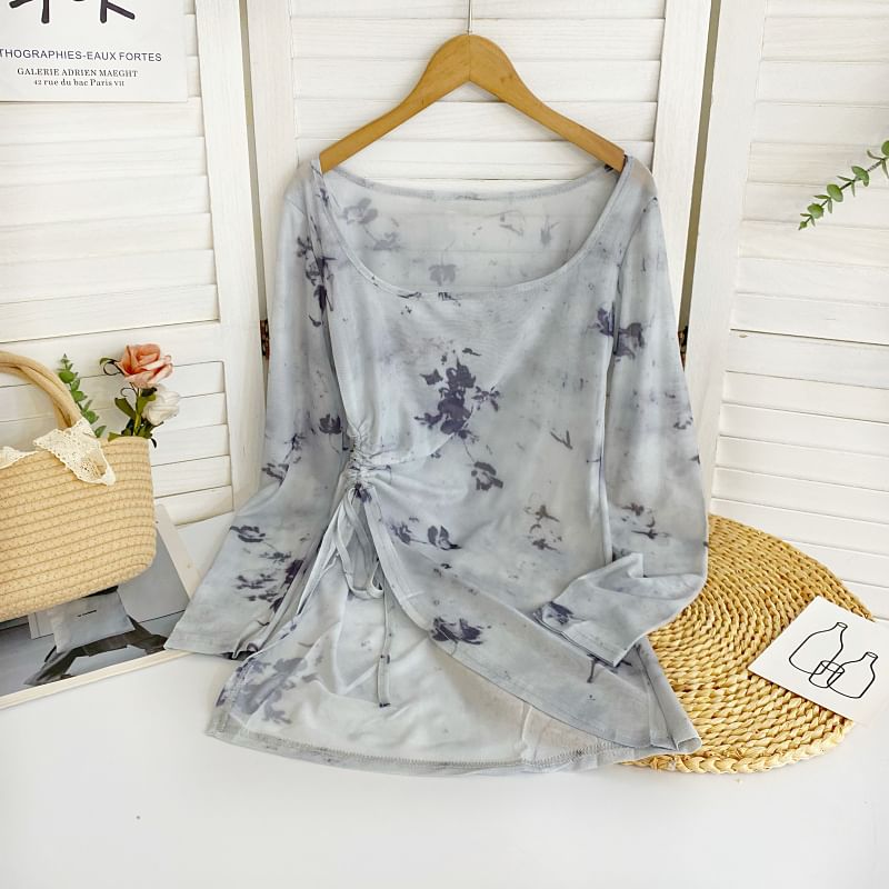 Set: Long-Sleeve Scoop Neck Tie Dye Asymmetrical Top + Thin Strap Solid Midi Sheath Dress