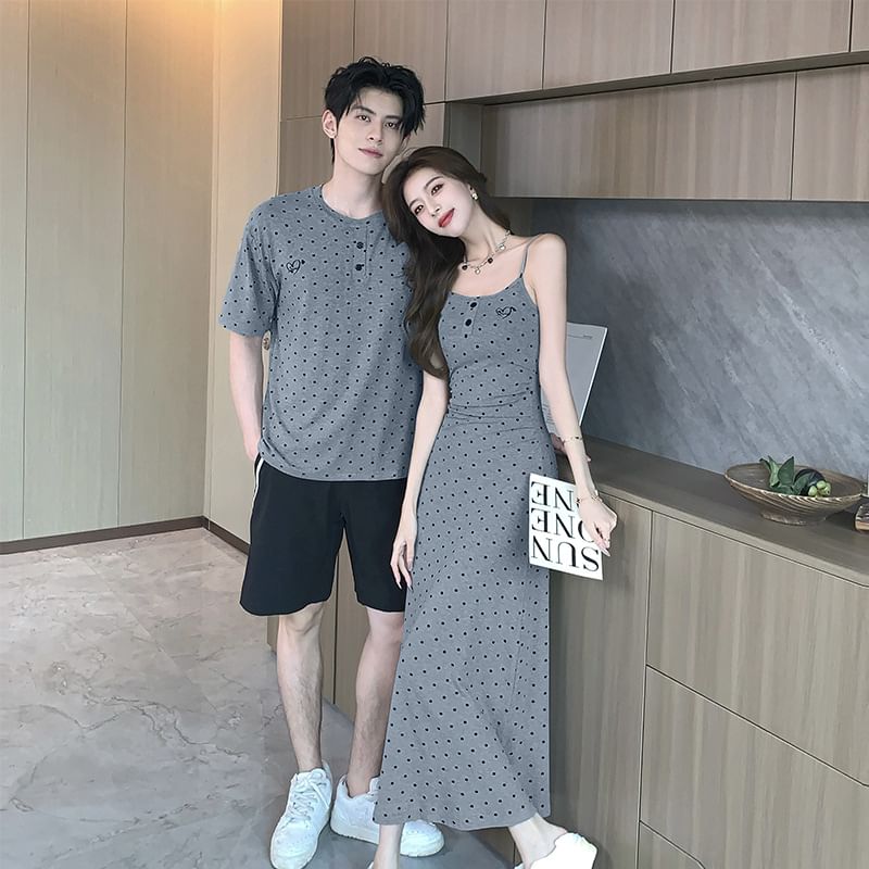Couple Matching Short-Sleeve Henley Dotted Tee / Thin Strap Maxi A-Line Dress / Striped Shorts / Solid Cardigan