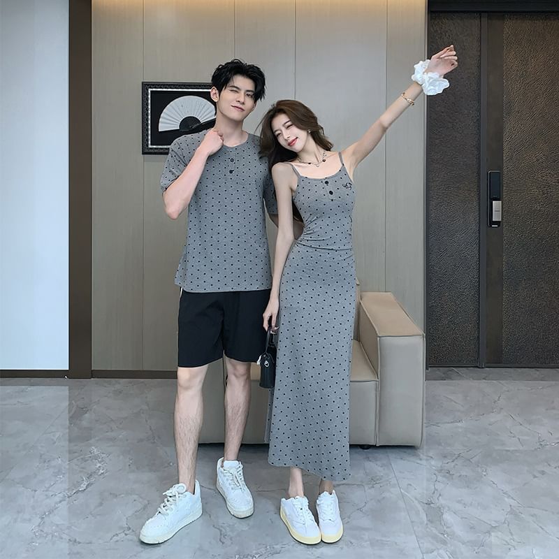 Couple Matching Short-Sleeve Henley Dotted Tee / Thin Strap Maxi A-Line Dress / Striped Shorts / Solid Cardigan