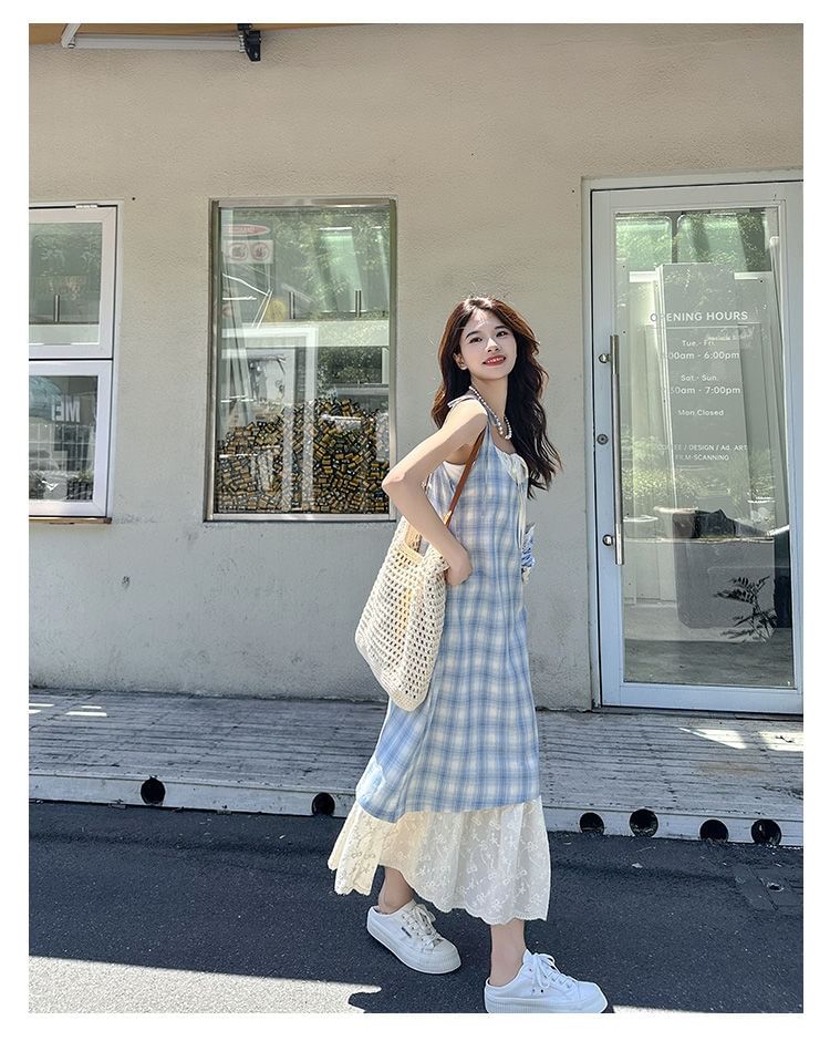 Thin Strap Plaid Mock Two-Piece Maxi Sundress