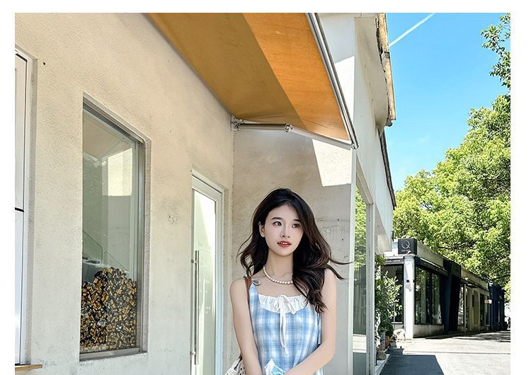 Thin Strap Plaid Mock Two-Piece Maxi Sundress
