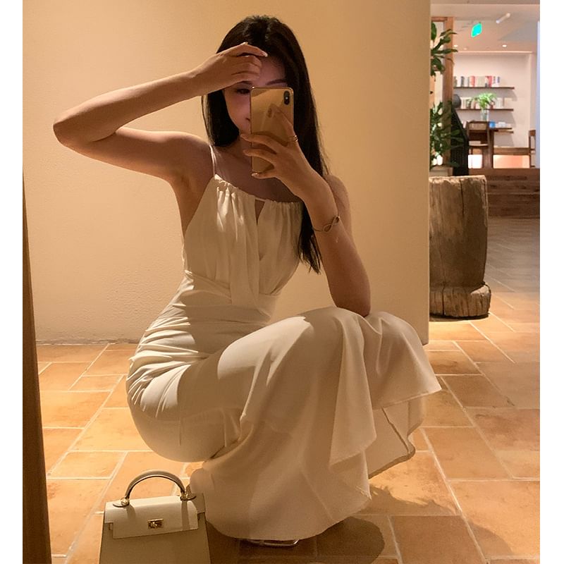 V-Neck Sleeveless Solid Mermaid Maxi Dress