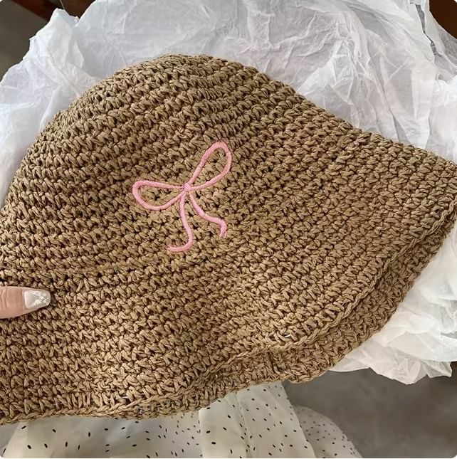Hat Knit Embroidered Bow Bucket