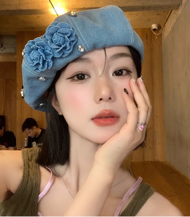 Flower Rhinestone Denim Beret