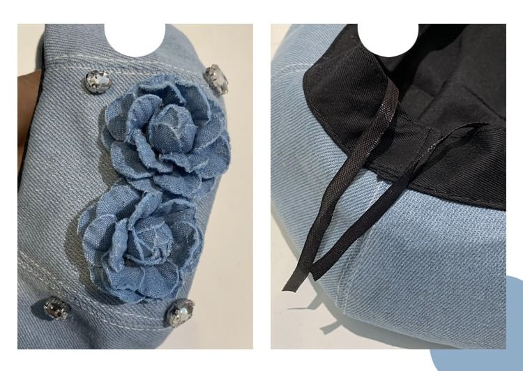 Flower Rhinestone Denim Beret
