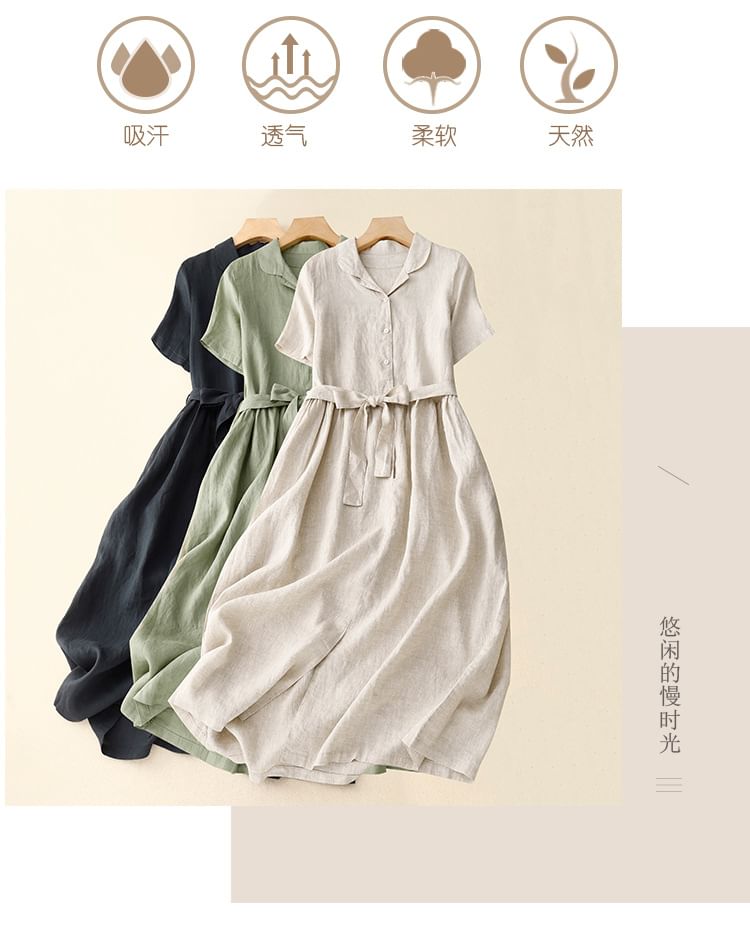 Elbow-Sleeve Collar Tie Front Half-Button A-Line Midi Dress