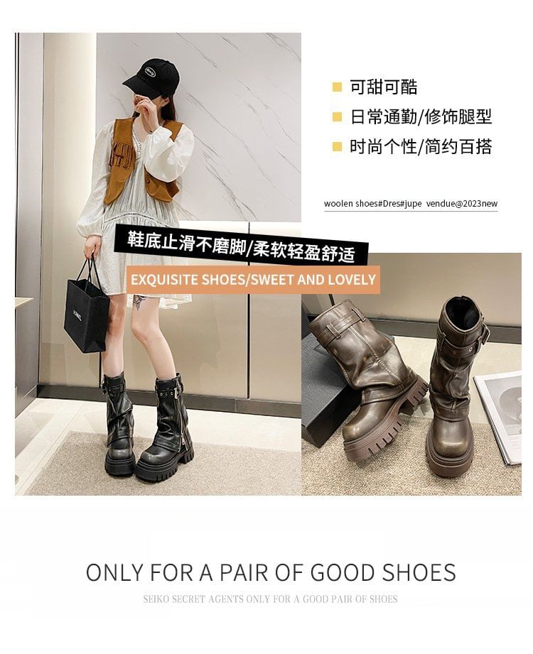 Platform Heel Mid-Calf Boots Chunky Buckled