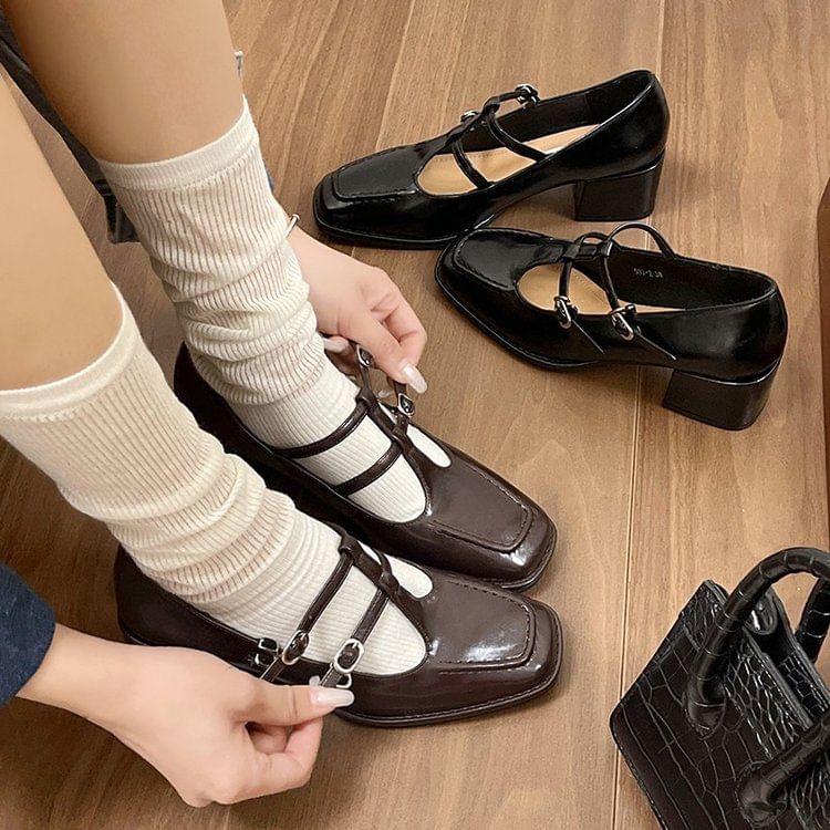 Mary Toe Jane Pumps Heel Chunky Double-Strap Square