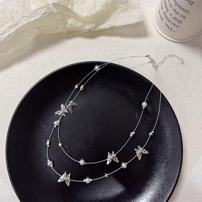 Pearl Necklace Layered Butterfly Faux