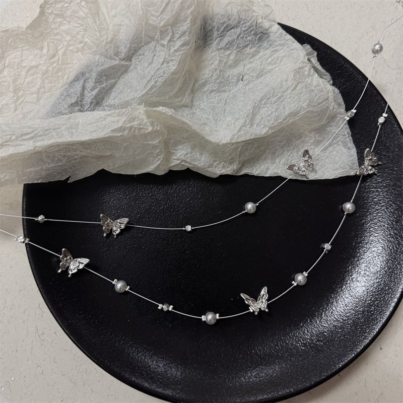 Pearl Necklace Layered Butterfly Faux