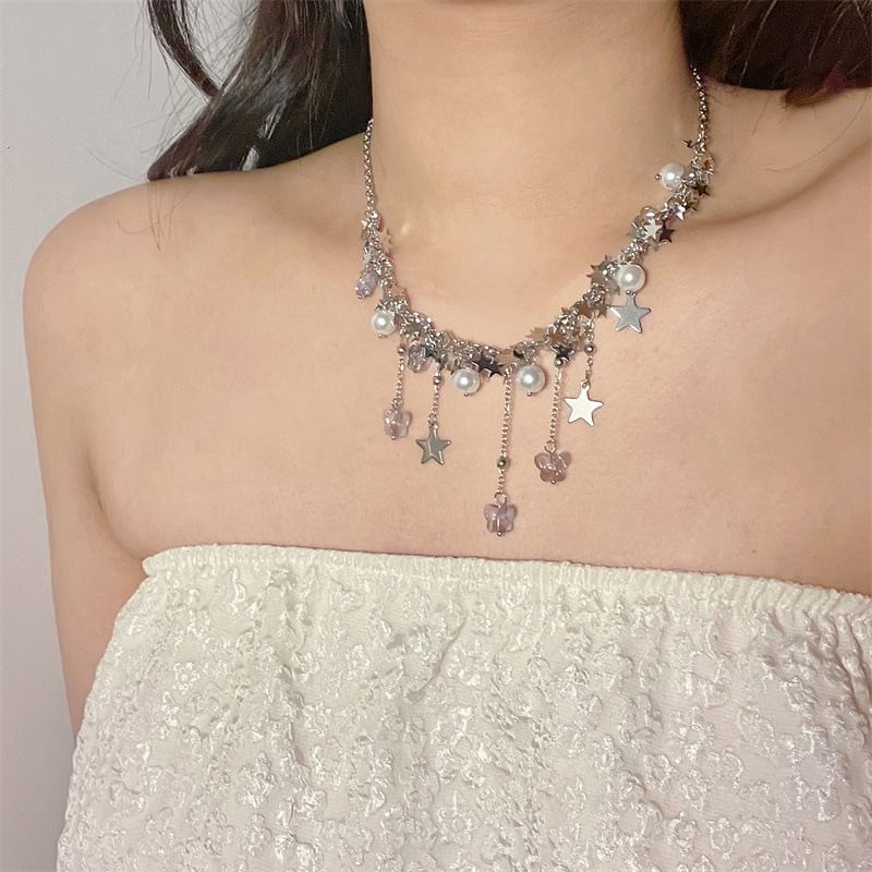 Faux Star Necklace Beaded Pearl