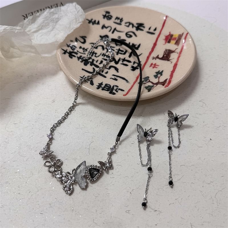 Drop Butterfly Rhinestone Earring Necklace /