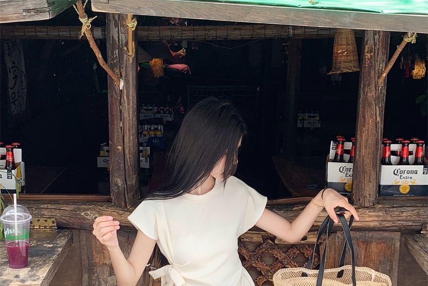 Short-Sleeve Crewneck Slit Hem A-Line Maxi Dress