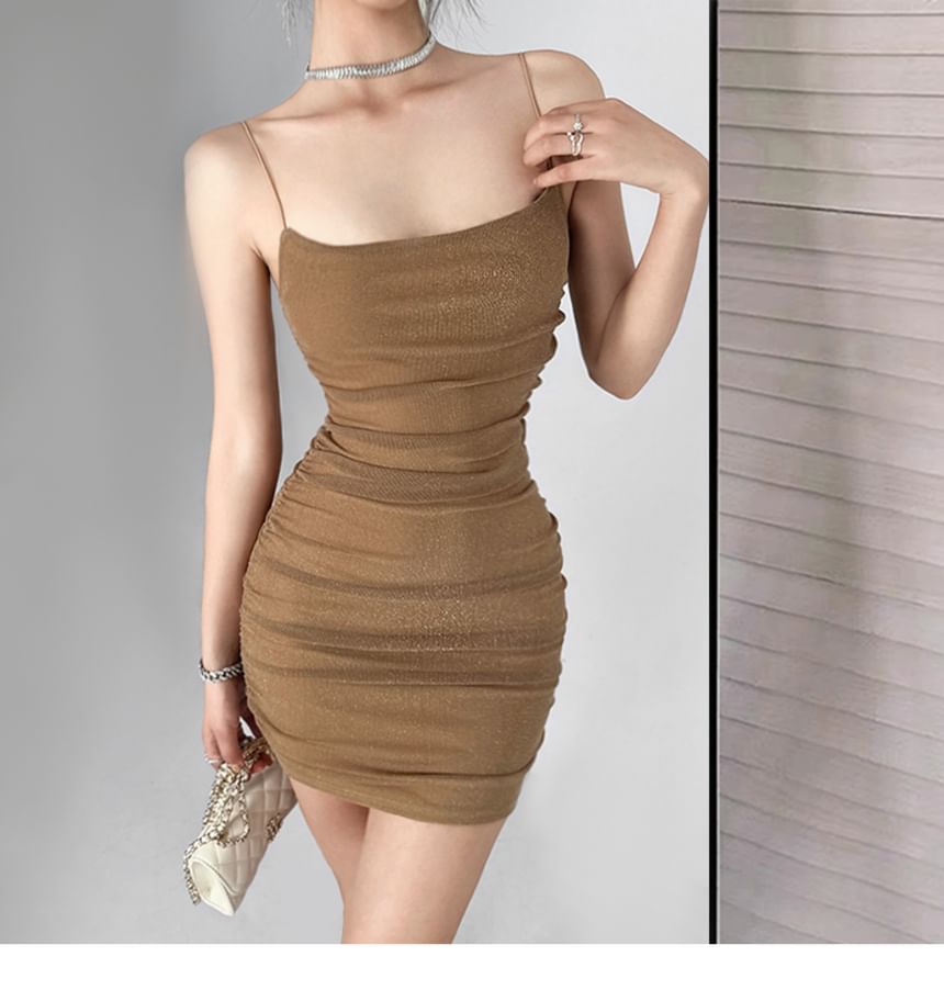 Thin Strap Glitter Ruched Mini Bodycon Dress