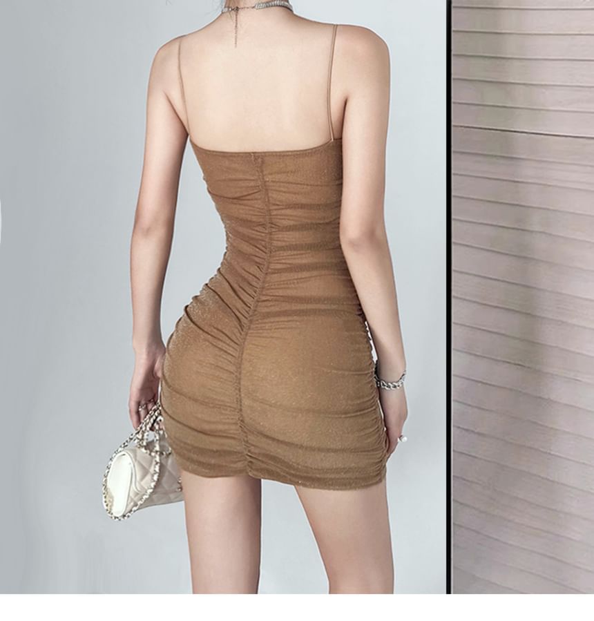 Thin Strap Glitter Ruched Mini Bodycon Dress