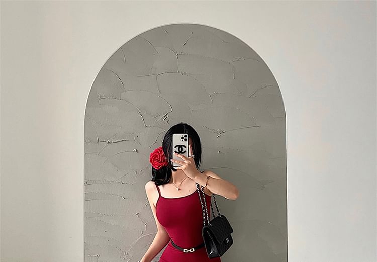 Set: Thin Strap Solid Maxi A-Line Dress + Belt