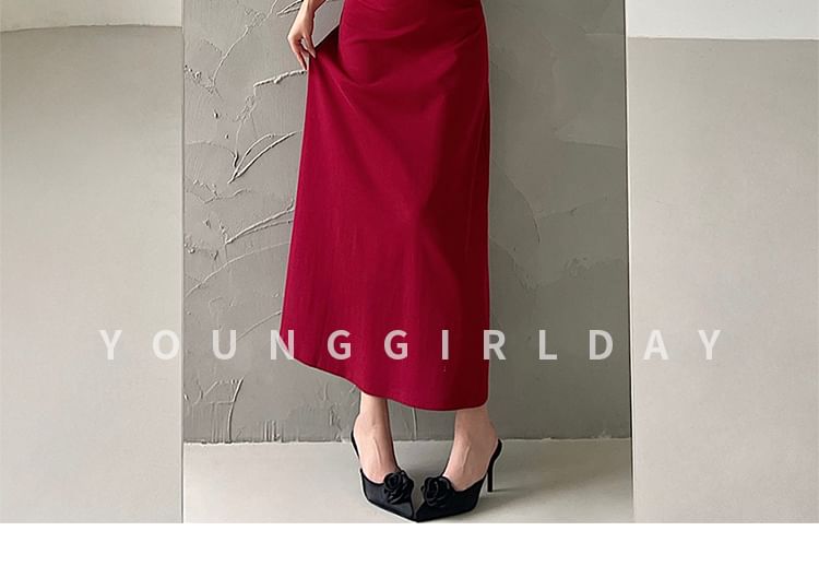 Set: Thin Strap Solid Maxi A-Line Dress + Belt