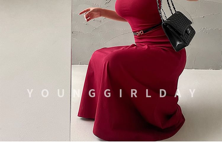 Set: Thin Strap Solid Maxi A-Line Dress + Belt