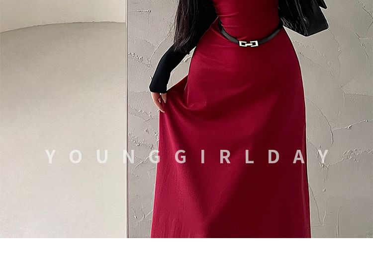 Set: Thin Strap Solid Maxi A-Line Dress + Belt