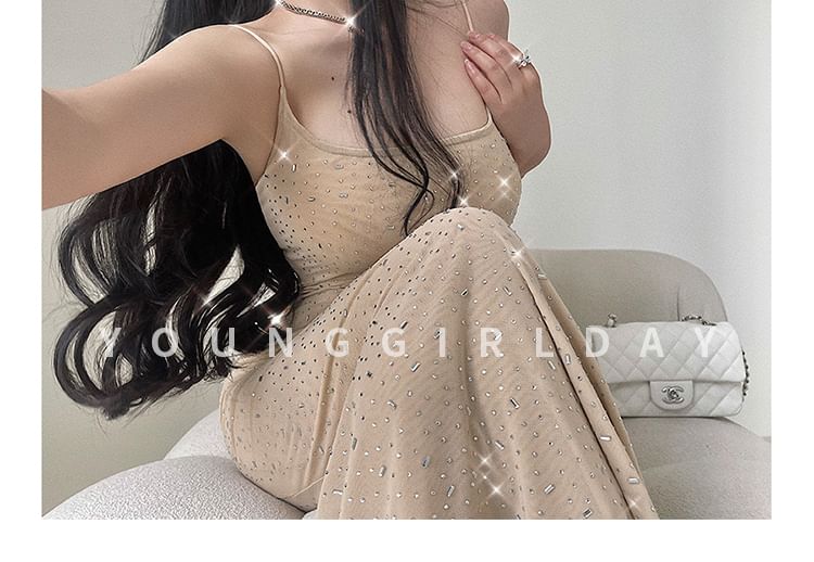 Sequin Mesh Maxi Sheath Dress with Rhinestone Straps