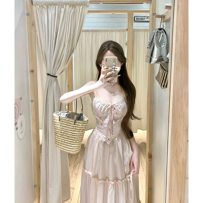 Solid Ribbed Cardigan / Thin Strap Lace Trim Ruffle Maxi A-Line Dress