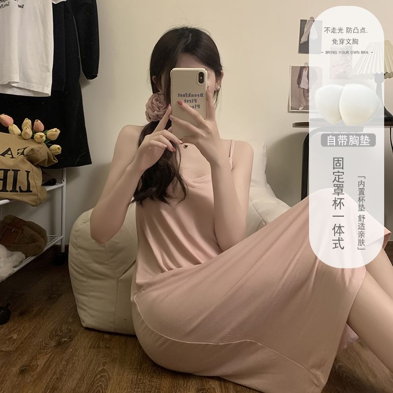 Padded V-Neck Pajama Dress with Thin Shoulder Straps
