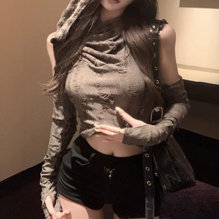 + Plain Top Slim Cowl Hooded Gloves Tank Crop Fit Neck Set: Distressed Long