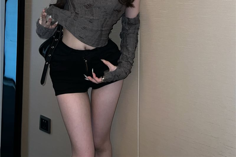 + Plain Top Slim Cowl Hooded Gloves Tank Crop Fit Neck Set: Distressed Long