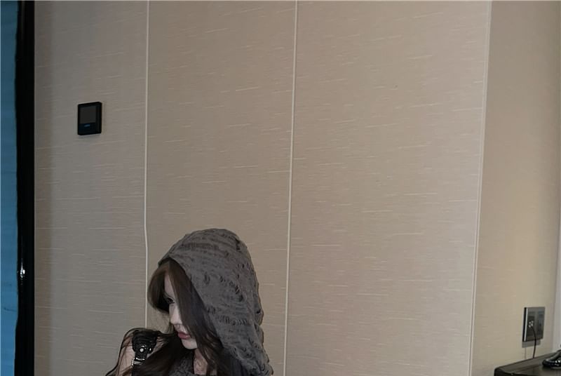 + Plain Top Slim Cowl Hooded Gloves Tank Crop Fit Neck Set: Distressed Long