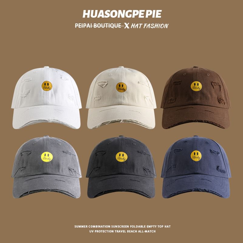 Cap Distressed Baseball Smiley Print Face