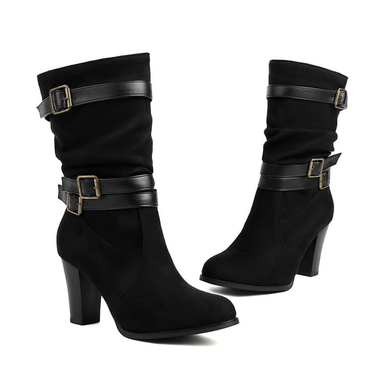 Boots Mid-Calf Heel Chunky Buckled