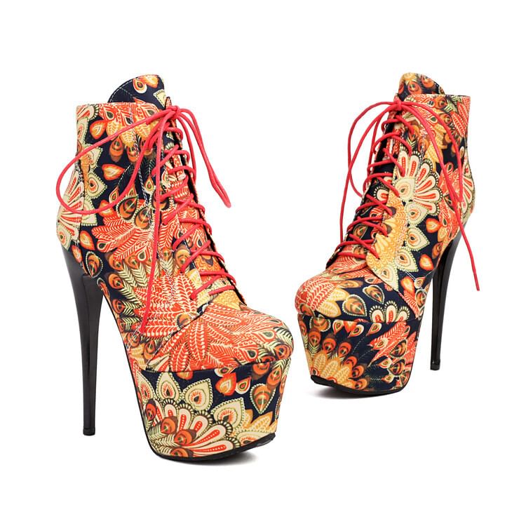 Heel Ankle Floral Stiletto Boots Lace-Up Platform