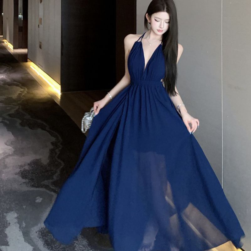 Plain Side-Slit A-Line Maxi Dress Halter