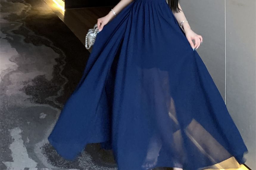 Plain Side-Slit A-Line Maxi Dress Halter