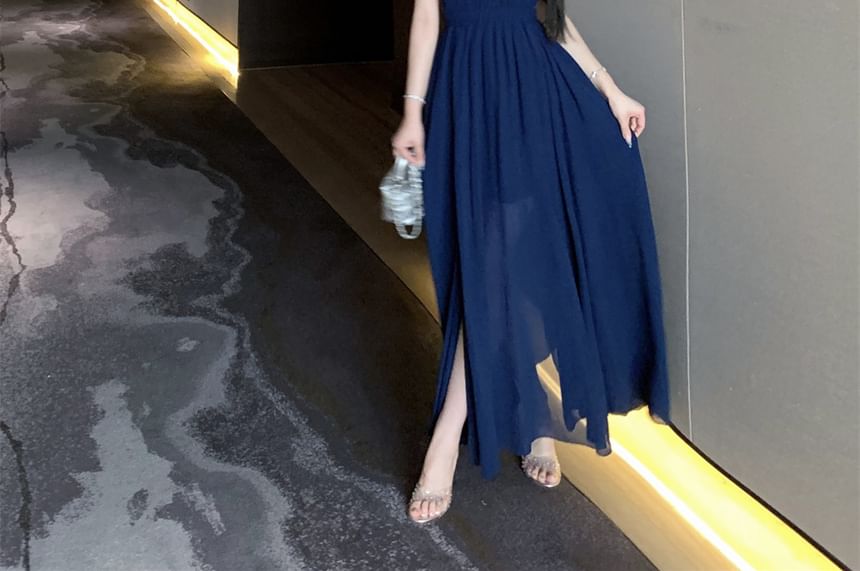 Plain Side-Slit A-Line Maxi Dress Halter