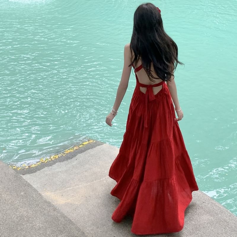 A-Line Plain Sleeveless Dress Maxi V-Neck