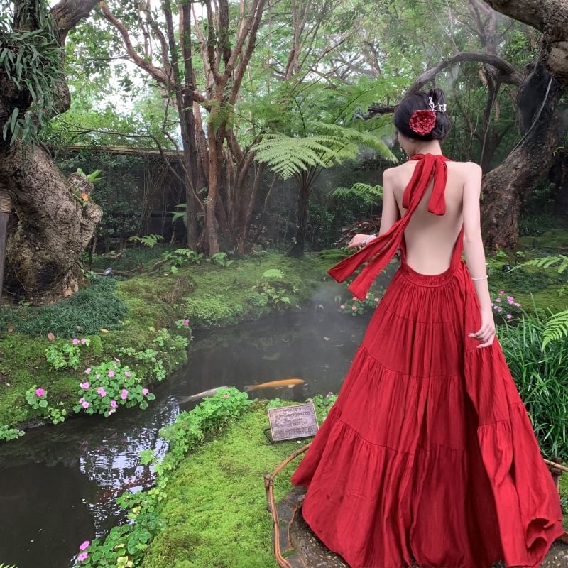 A-Line Plain Sleeveless Dress Maxi V-Neck