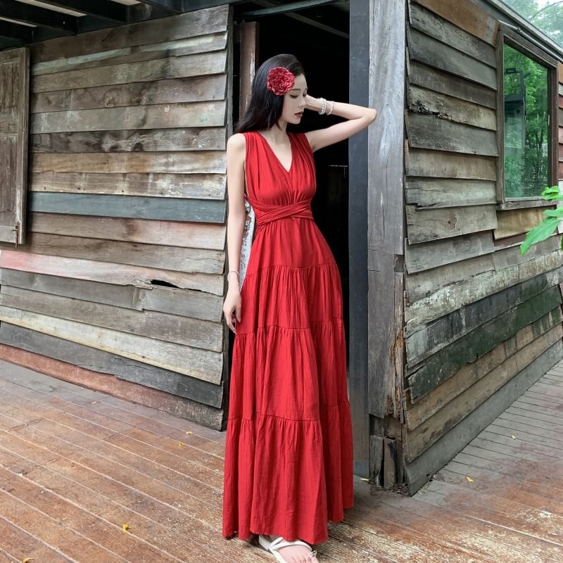 A-Line Plain Sleeveless Dress Maxi V-Neck