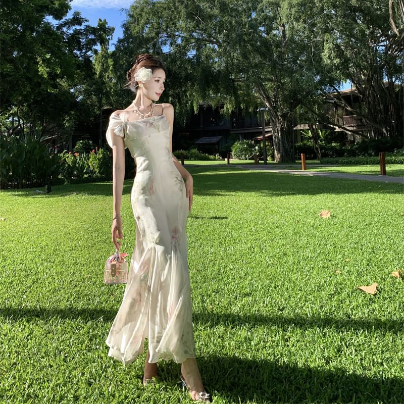 Spaghetti Floral Dress Strap Mermaid Maxi