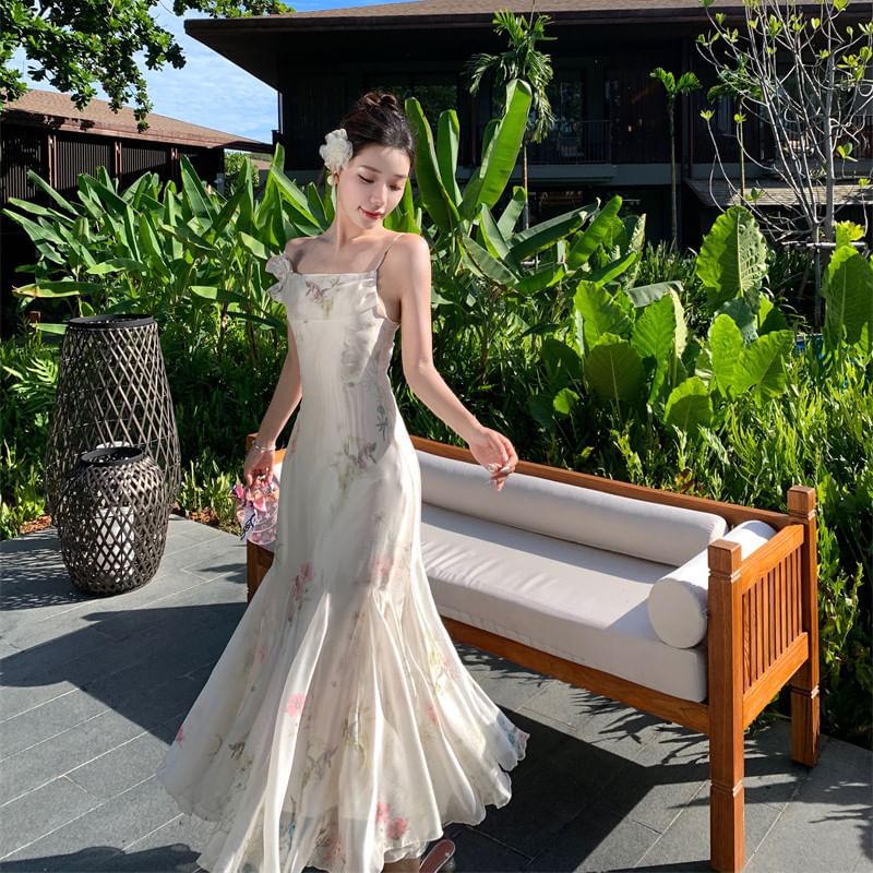 Spaghetti Floral Dress Strap Mermaid Maxi