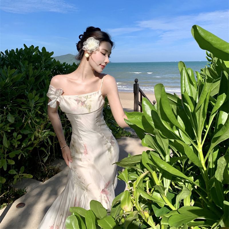Spaghetti Floral Dress Strap Mermaid Maxi