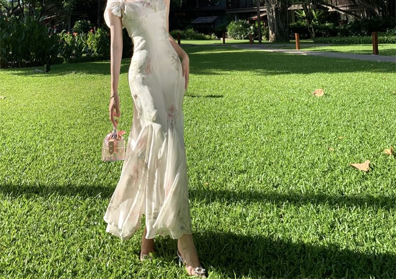 Spaghetti Floral Dress Strap Mermaid Maxi